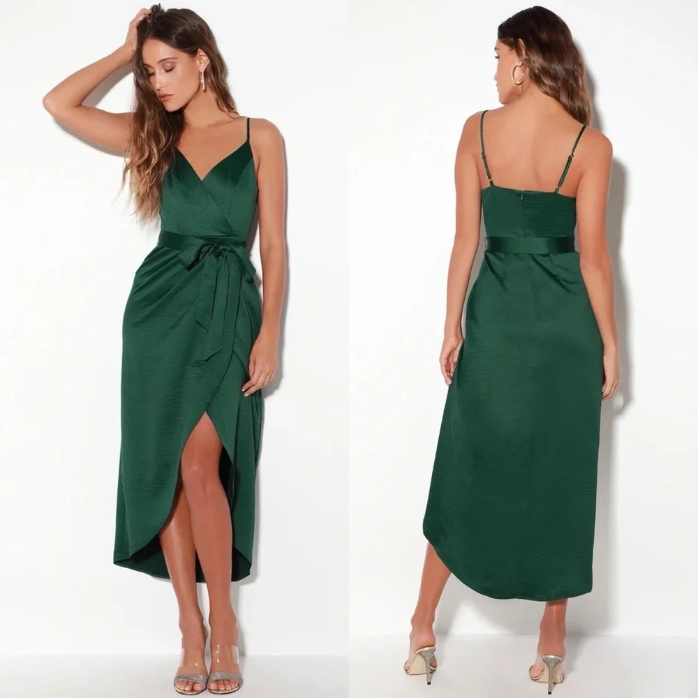 Lulu's Forest Green Satin Wrap Midi Dress - Picture 1 of 9